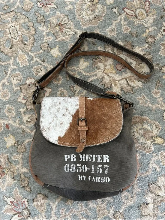 Myra Rustic Brown & White Crossbody Bag with Cowhide Flap