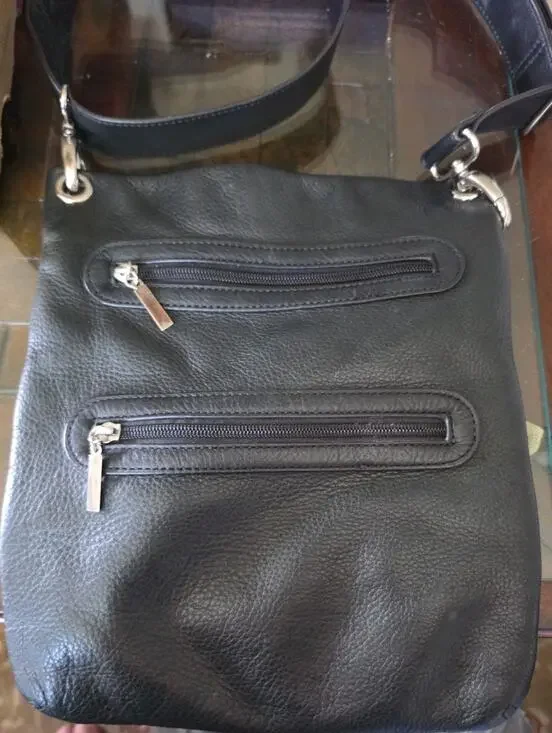 MARGOT CROSSBODY TRIPLE ZIPPER Soft LEATHER BAG BLACK Silver Swivel Strap