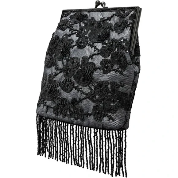Lancôme Black Sequin Beaded Fringe Crossbody Evening Bag - Y2K/Vintage Style‎
