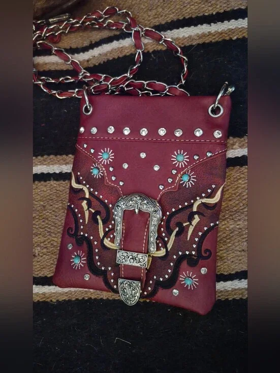 Embellished Red Western-Style Crossbody Bag with Decorative Buckle