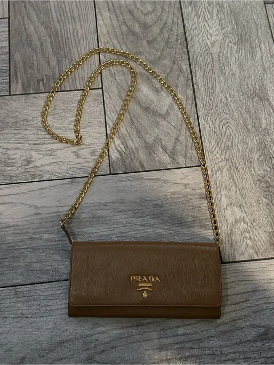 Prada Brown Saffiano Leather Chain Wallet Crossbody