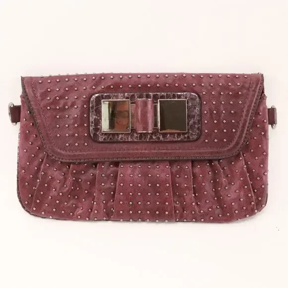 Guess Clutch Handbag Women Small Sangria Red Pewter Studded Purse Pouch Bag
