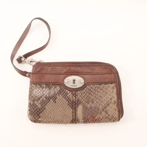 Vtg Fossil Wristlet Handbag Women Mini Brown Snakeskin Leather Purse Bag