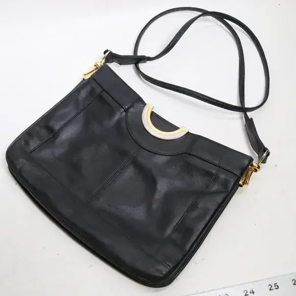 Vtg 60sLou Taylor Crossbody Handbag S Black Leather Purse Mirror ITALY Art Deco