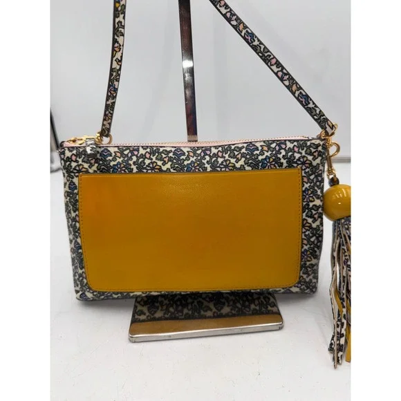 Tory Burch Floral Leather Crossbody Bag with Yellow Pocket and Tassel Charm