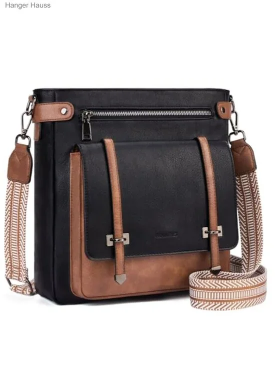 Vegan Leather Multi Pocket Crossbody Bag with Adjustable Wide Strap