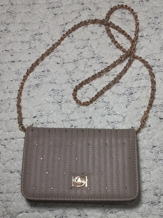 Bebe Quilted Taupe Crossbody with Gold Chain