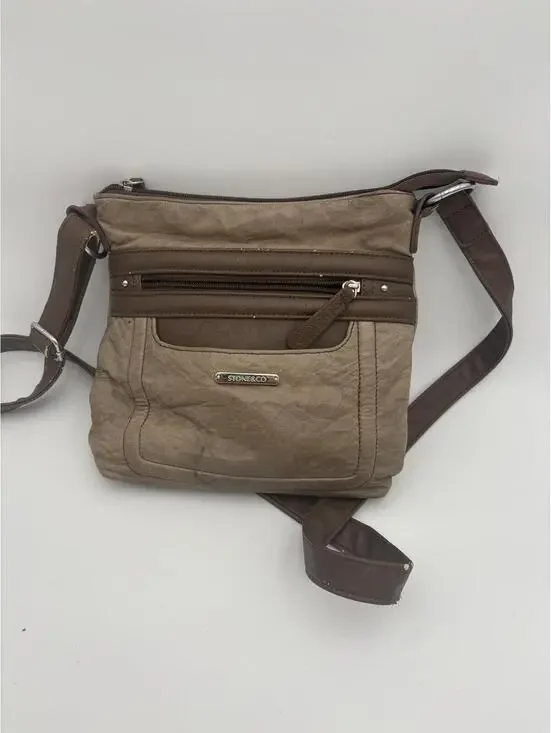 Stone & Co Brown and Taupe Crossbody Messenger Bag with Multiple Zip Pockets