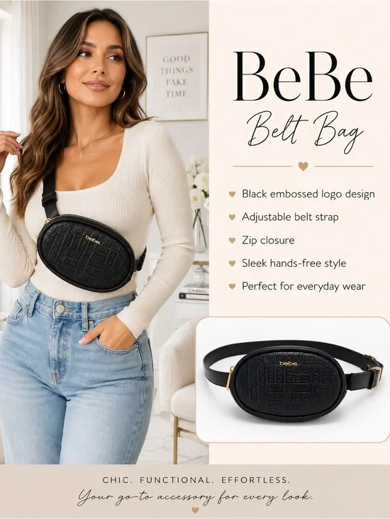 bebe Black Embossed Logo Crossbody Belt Bag