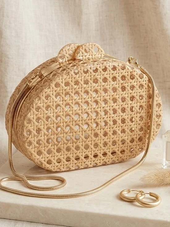 Lago De Sac Woven Rattan Acrylic Clutch Bag Gold Chain Strap Boho Cottagecore
