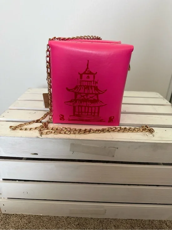 Bright Pink Pagoda-Print Crossbody with Gold Chain