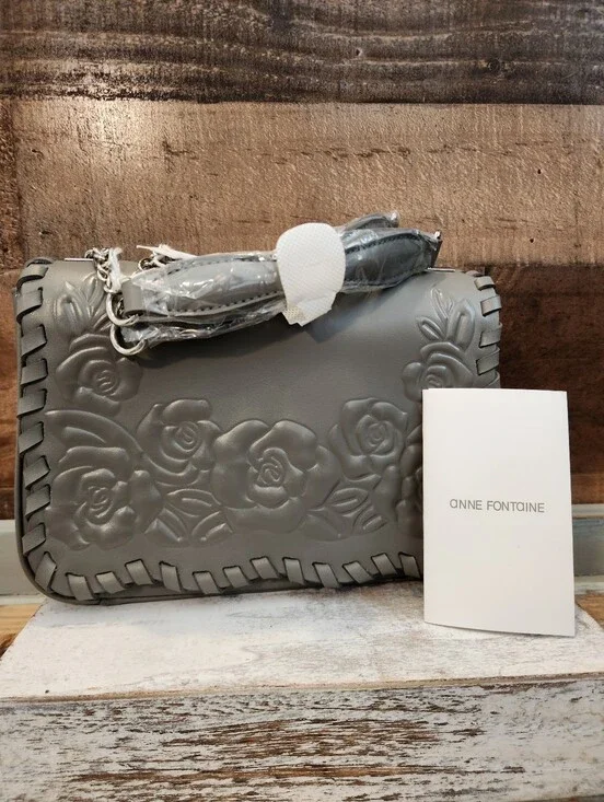 Anne Fontaine Gray Rose-Embossed Crossbody with Woven Edge