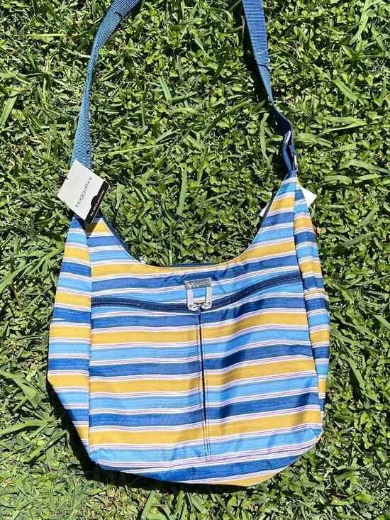 BNWT Baggallini Blue Green Striped Shoulder Strap Crossbody Purse w/Pink Liner