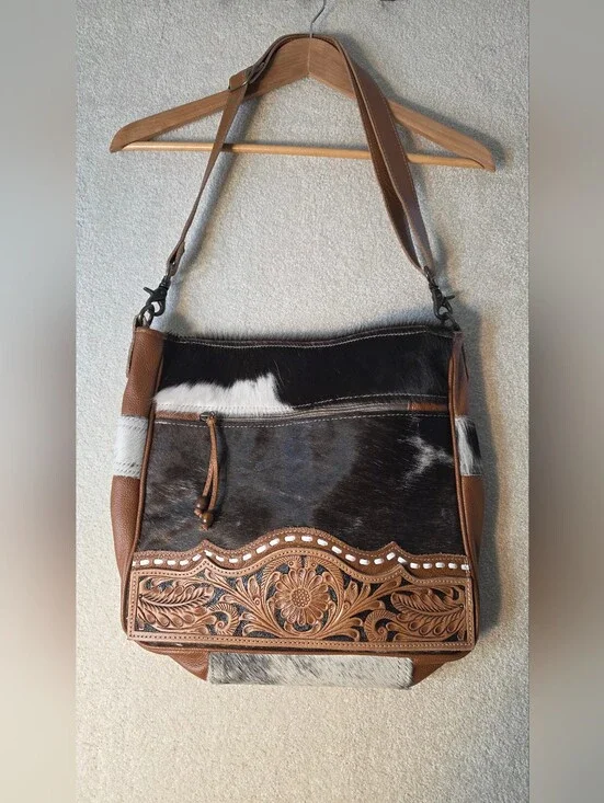 Myra Leather Hide-On Tooled Leather Shoulder Bag Crossbody Western Boho OS NWOT