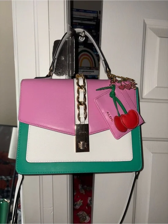Aldo Pink, Green & White Colorblock Top-Handle Satchel/ Crossbody Purse