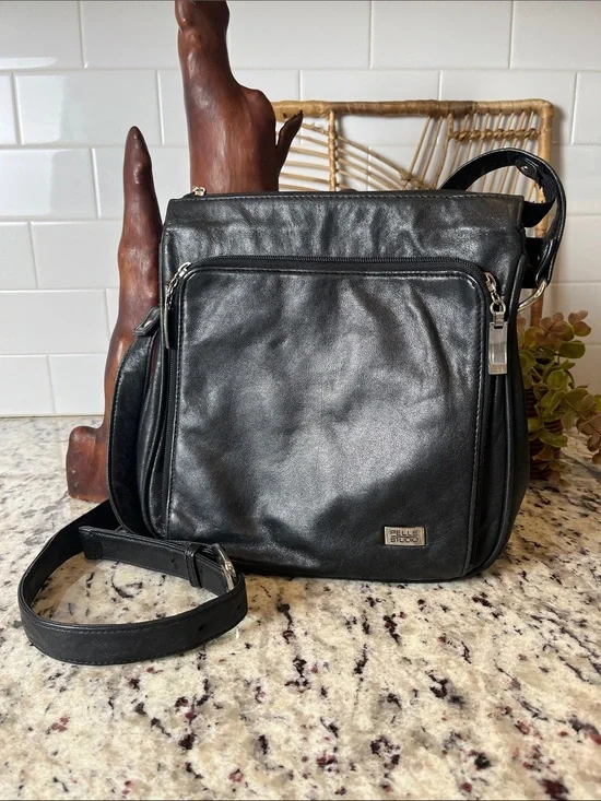 Pelle Studio Black Leather Messenger Crossbody