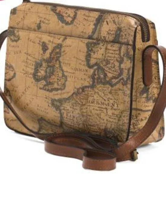 Patricia Nash Vallata Leather Adjustable Crossbody Bag European Map Print- NWT