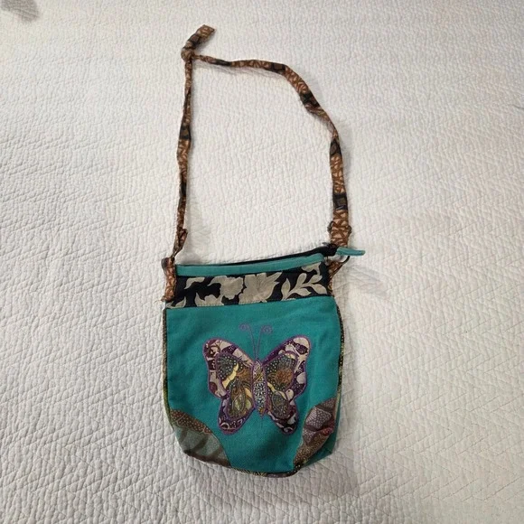 Boho Butterfly Patchwork Teal Canvas Crossbody‎ Bag Batik Floral Hippie Festival
