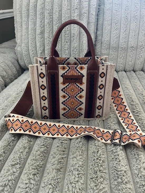 Wrangler Brown and Cream Geometric Crossbody Tote with Patterned Strap