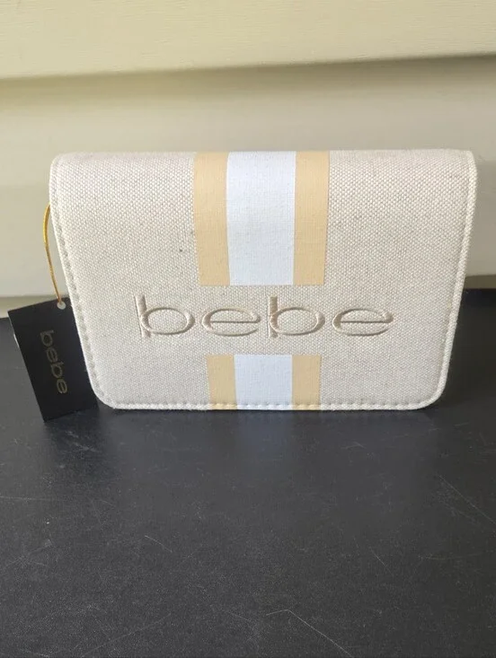 bebe Almond Canvas Crossbody Bag with Gold-Trim Stripe