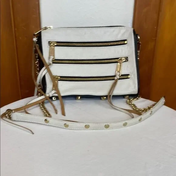 Rebecca Minkoff White Black Leather Bag Tiered Zippers Gold Hardware Crossbody