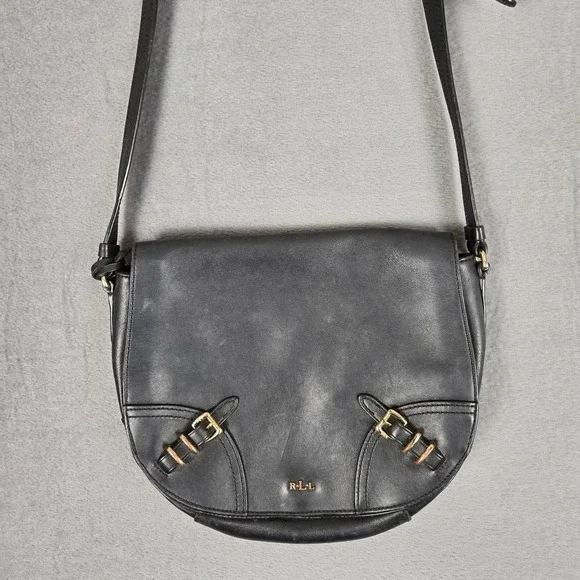 Lauren Ralph Lauren Womens Leather Magnet Close Crossbody Shoulder Handbag Black
