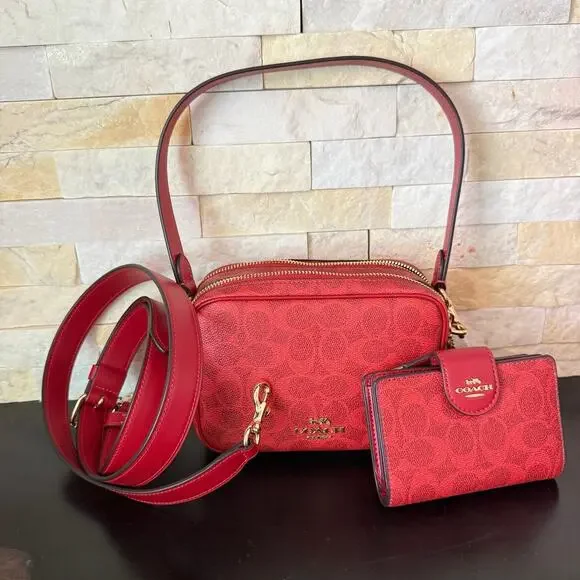 Bundle‼️Coach Mini Carey Crossbody Bag CEK69 & CW786 Wallet Gold/Crimson