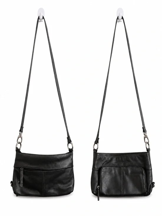 Tignanello Black Leather Crossbody with Front Zip Pocket