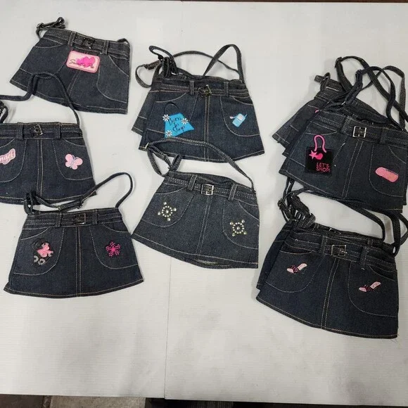 Denim Mini Skirt Purse With Pink Butterfly and Angel Patches Embroidered Buckle