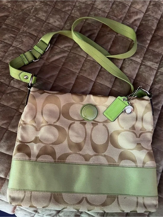 Coach Khaki Signature Crossbody with Lime Trim