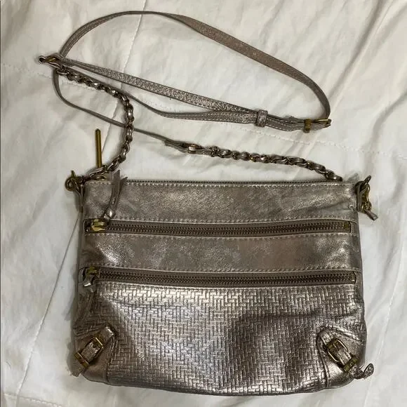 Elliott Lucca Crossbody Metallic Leather Bag Zipper 10x7x1.5 Adjustable Drop