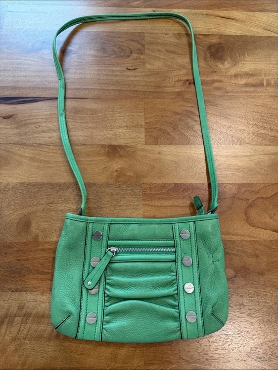 b. makowsky Green Leather Crossbody Bag with Silver Studs