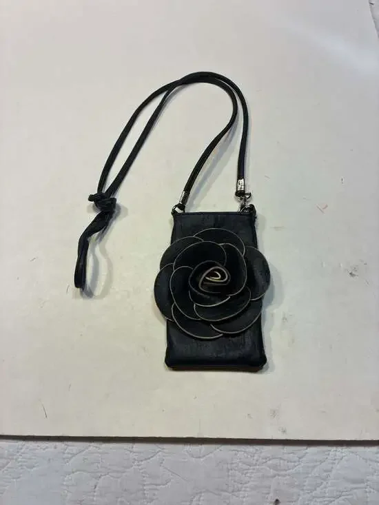 Black Leather Camellia Flower Applique Crossbody Mobile Phone Purse Bag