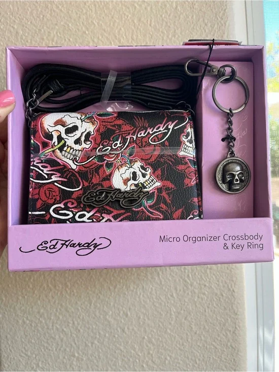 Ed Hardy Skull and Rose Micro Organizer Crossbody Bag Purse and Key Ring