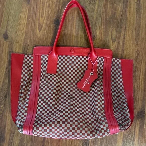 Alberta do Canio vintage red gray checkered suite and leather large tote bag mad