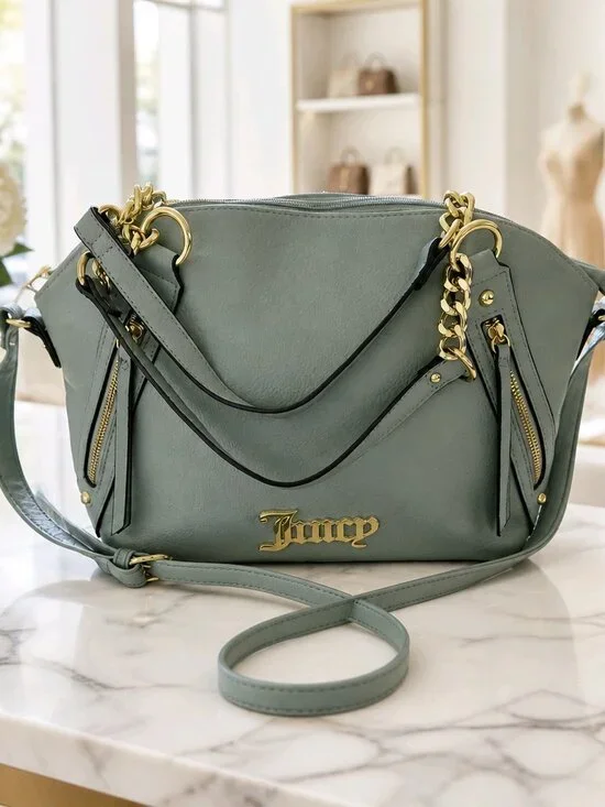Juicy Couture Pebbled Leather Crossbody Satchel, Light Gray/Teal, Gold Hardware