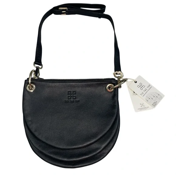 Tic Tac Toe NWT Half Moon Black Crossbody Black Leather 3 in 1 Minimalist Travel