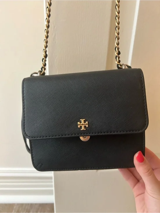 Tory Burch Black Leather Crossbody with Gold Logo Chain