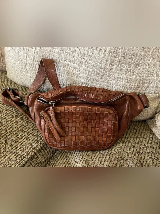 Cut N Paste Woven Leather Crossbody/Waist Bag/Fanny Pack in Cognac Brown