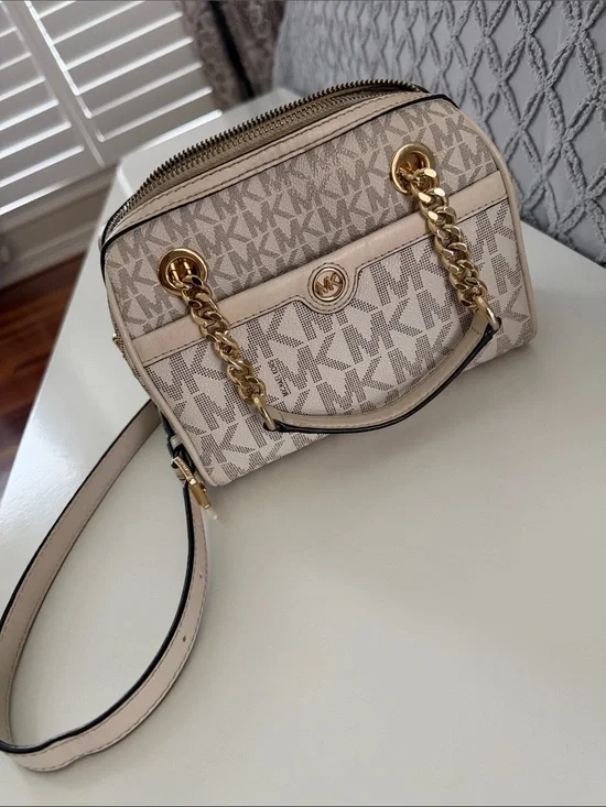 MICHAEL KORS Beige Logo Crossbody Satchel with Gold Hardware