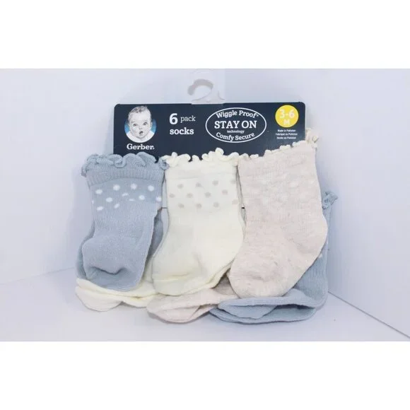 Gerber Wiggle Proof‎ Stay On Infant Bootie Socks 0-3 Months Beige Blue 6 Pack