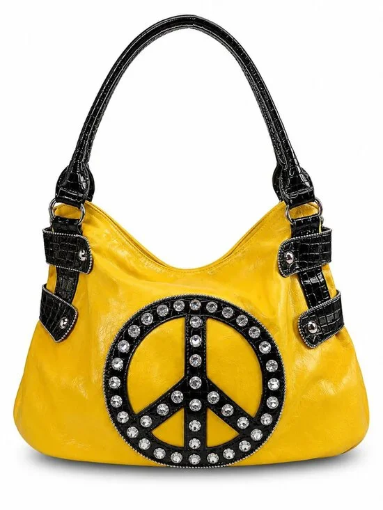 Y2K Boho Yellow Peace Sign Rhinestone Hobo Bag Festival Statement Purse