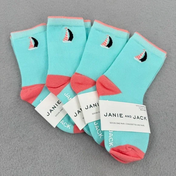 NWT Janie and Jack Infant 4pk Sock Bundle 6-12mo Blue/Orange Nautical Preppy
