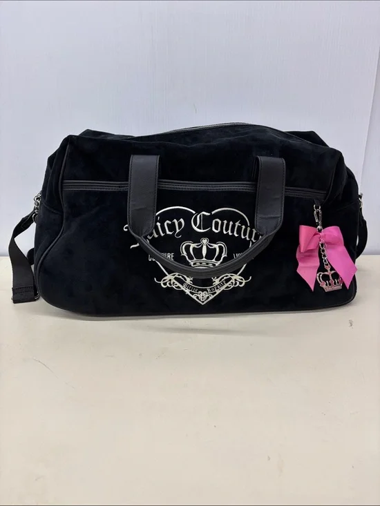 Juicy Couture Black Velour Weekender Bag with Pink Bow Charm