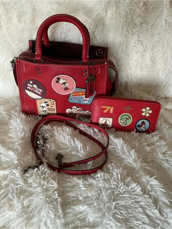 Coach Disney X Red Leather Minnie Mouse with Patches Rogue 25 with Wallet