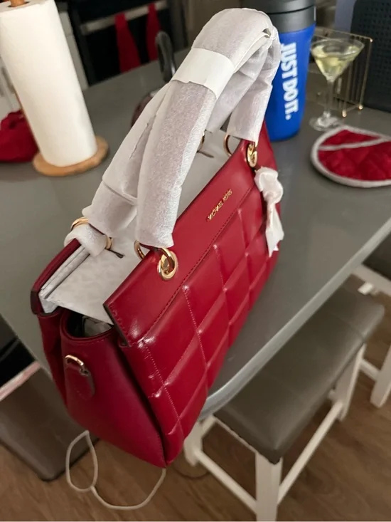 Michael Kors Red Quilted Top-Handle Satchel with Gold Hardware