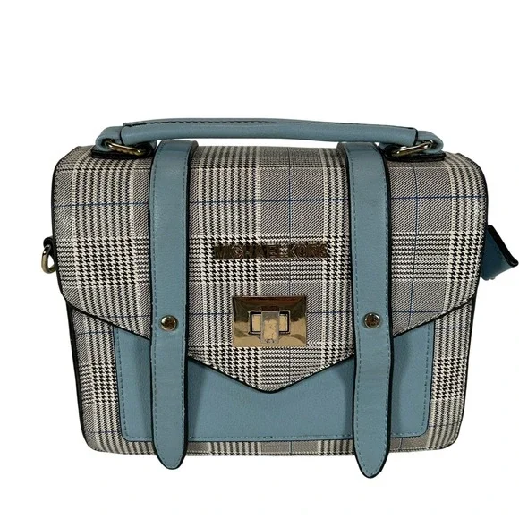 Michael Kors Glen Plaid Satchel Crossbody Bag Light Blue Gold W/Handle & Strap