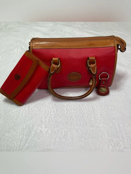 Dooney & Bourke Trio Red Leather Satchel, Wallet, Keychain Vintage Tan Trim FLAW