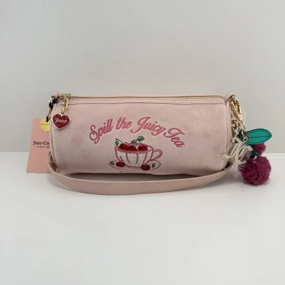 Juicy Couture Pink Embroidered Satchel Top Handle Zip Bag w/Charms, Strap