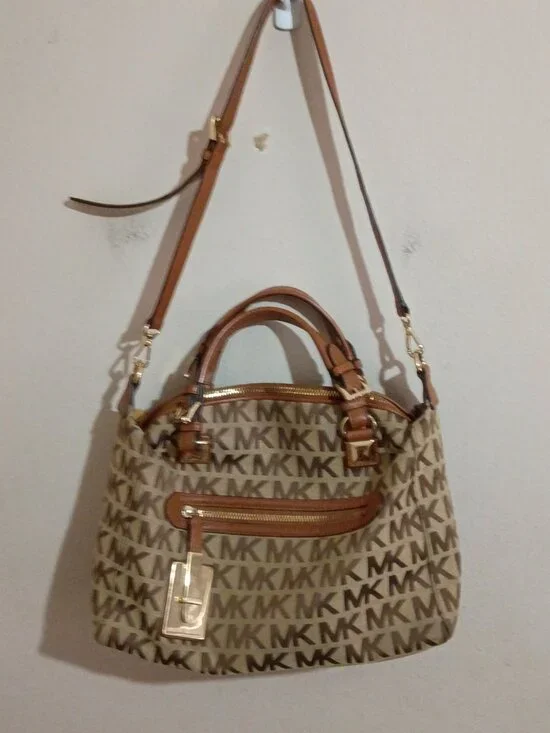 MICHAEL KORS Large Satchel MK Signature Tangerine Leather Jacquard Bag Canvas